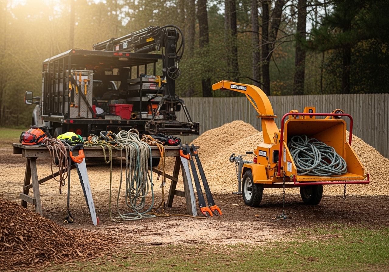 Tree service crew with equipment and tools ready for job site work in residential yard setting.