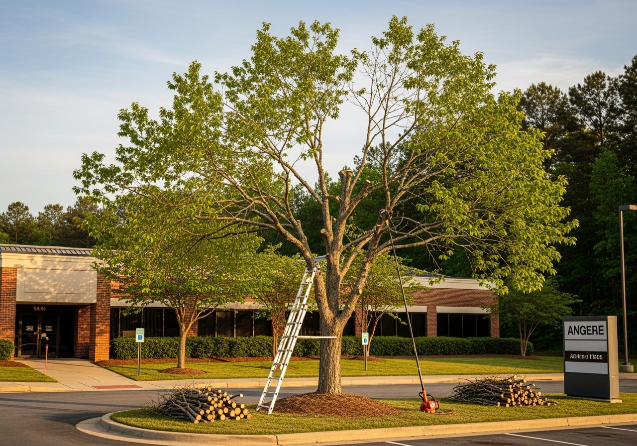 Commercial office park trees after annual maintenance pruning in Angier