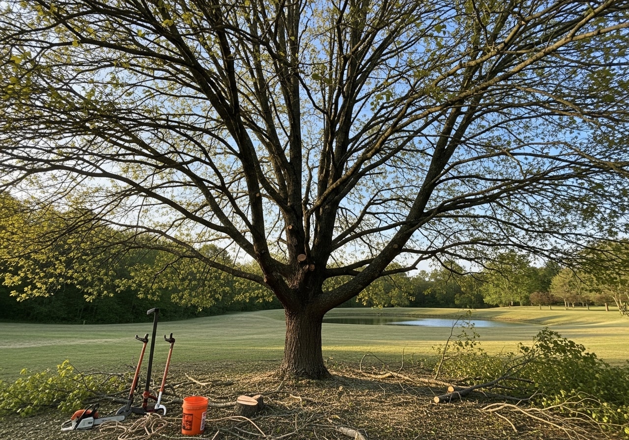 Mature maple trees after crown thinning and pruning in Holly Springs