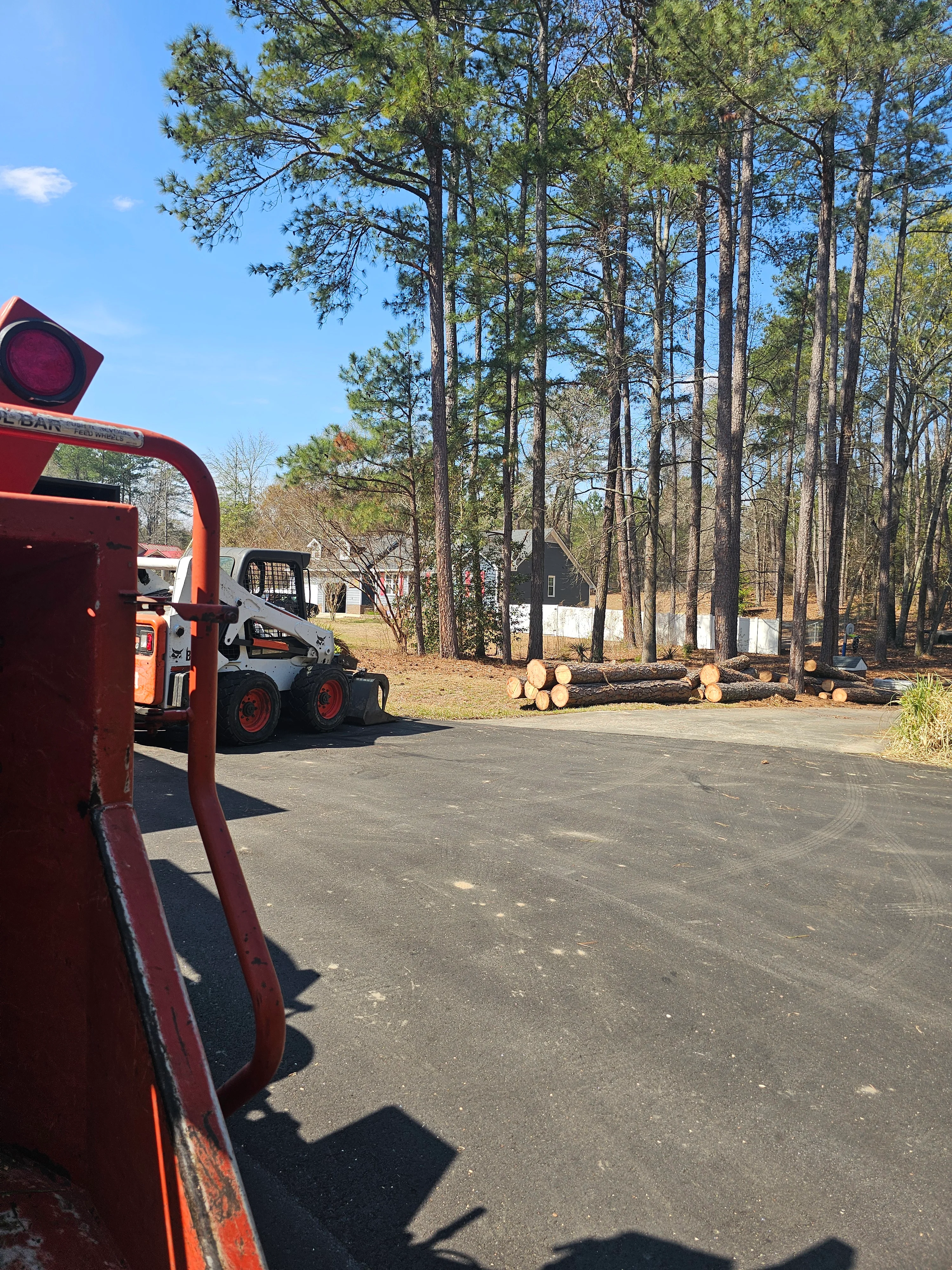 Tree removal project with skid steer loader and processed logs on cleared residential lot
