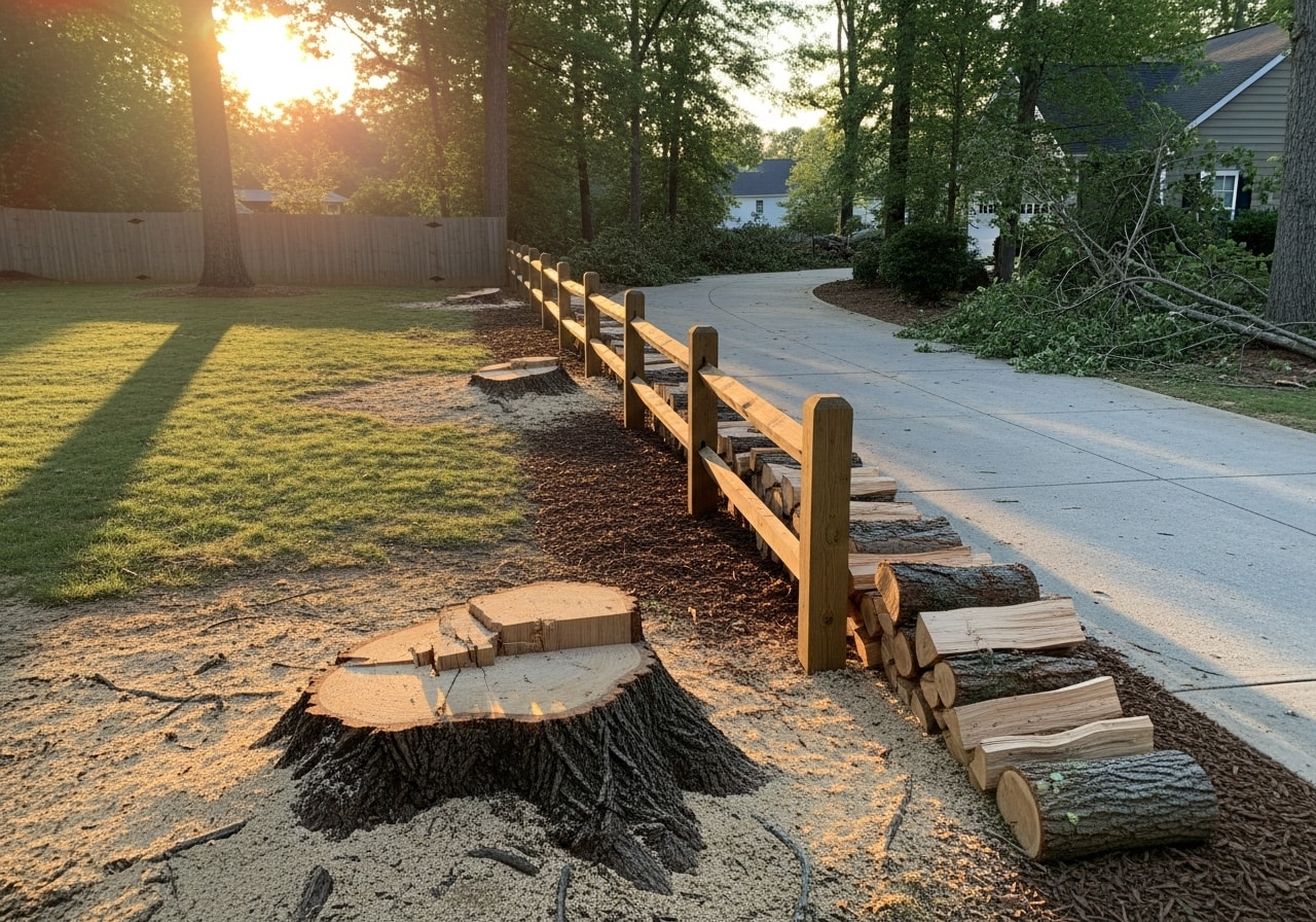 Fallen trees cleared from driveway after storm in Cary residential property