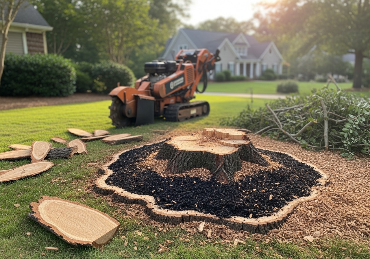 Large oak tree removal with stump grinding completed in Raleigh residential yard