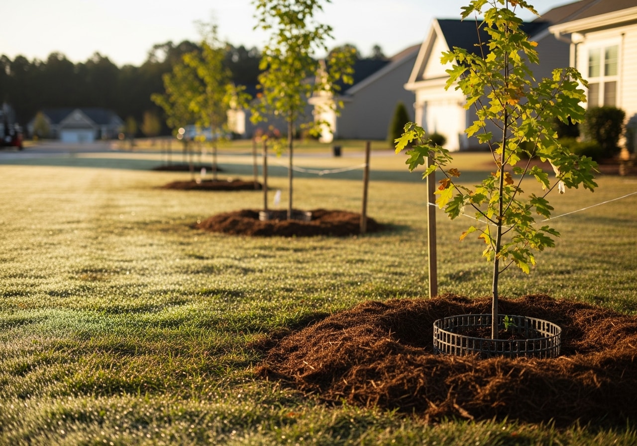Newly planted native hardwood trees with mulch rings in Garner yard