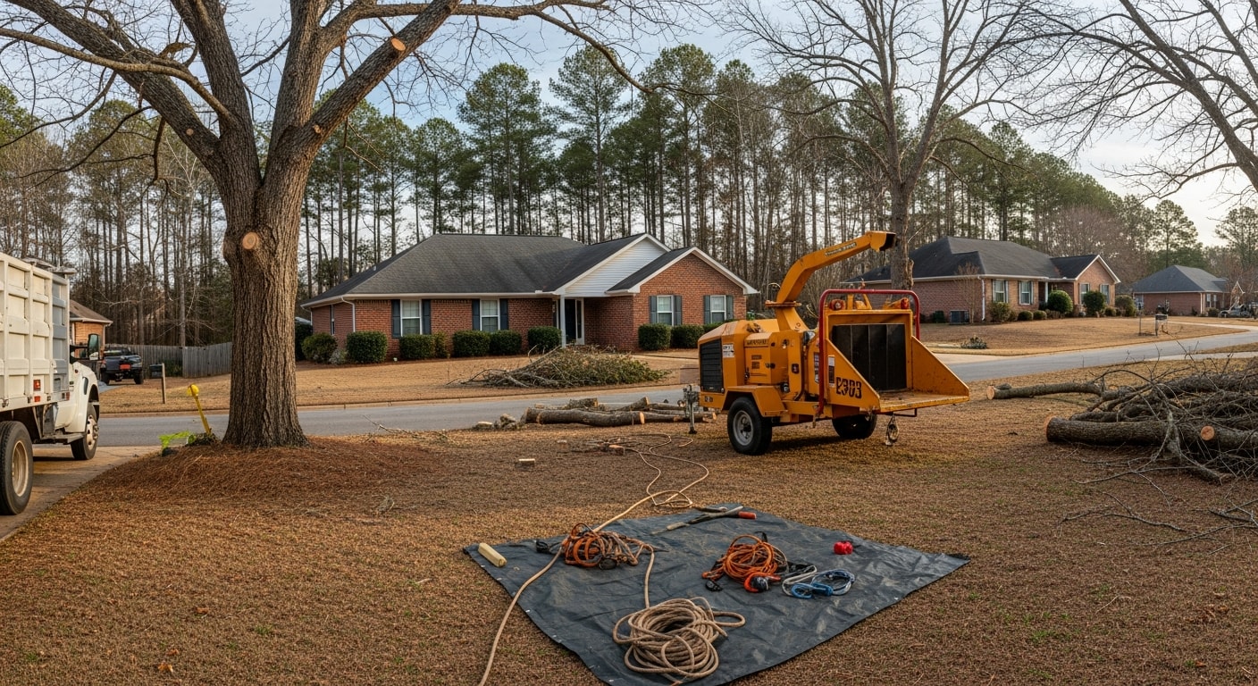 Professional service crew working on a residential property in Clayton, NC, with typical suburban homes and landscaping visible.
