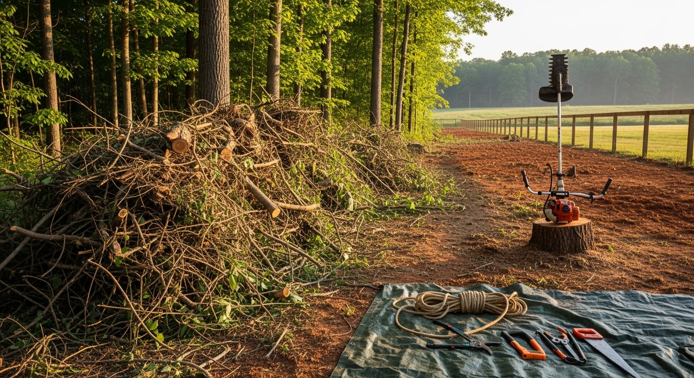 A cleared residential backyard in Clayton, NC showing removed overgrown shrubs and brush along a fence line, with bare ground and defined lot edges visible after service. Woody debris and cut vegetation have been hauled away, leaving a clean open space.
