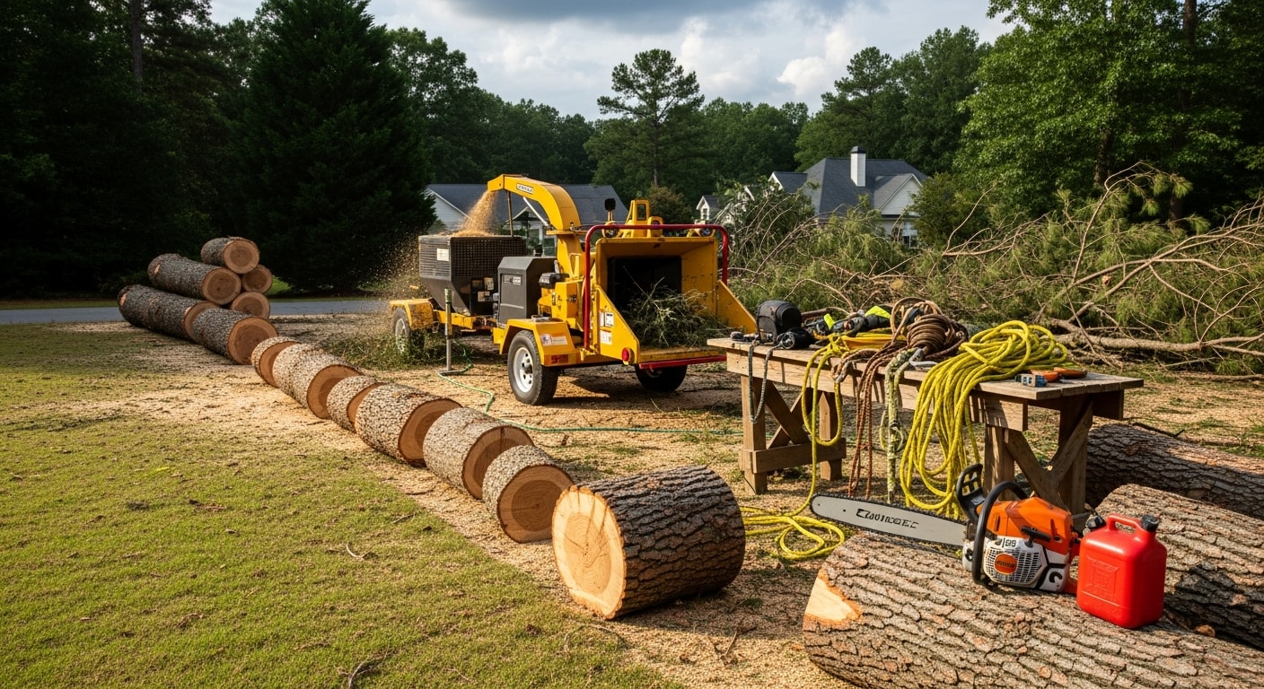 A large storm-damaged loblolly pine lying across a residential backyard in Clayton, NC, with a tree service crew preparing equipment for removal. The tree has uprooted from saturated soil and its trunk rests near a wooden privacy fence.