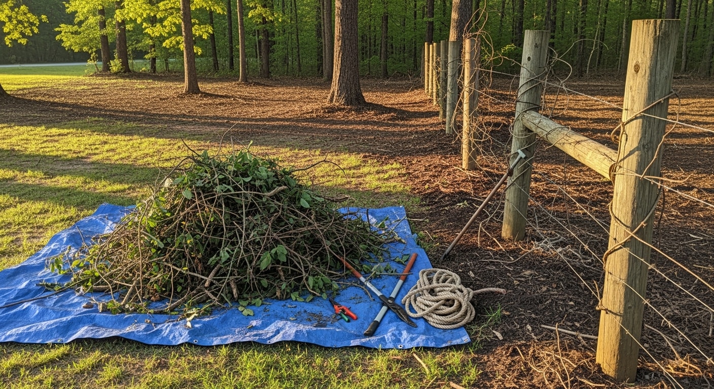 A cleared residential lot in Clayton, NC showing cut brush piles staged for removal and open ground restored after heavy overgrowth cleanup. A tree service crew member stands near equipment used to clear dense vegetation from the property.