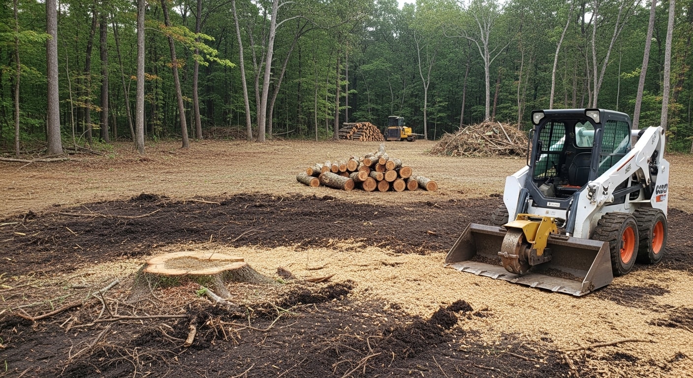 A cleared residential lot in Clayton, NC with stumps ground flush, brush removed, and bare soil visible across the full property. A tree line remains at the rear boundary, showing the contrast between the cleared area and surrounding wooded land.