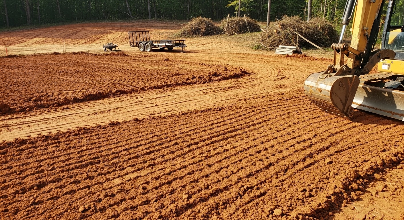 A freshly cleared and graded residential lot in Clayton, NC, with clay soil leveled and stumps removed, showing bare ground ready for construction or landscaping. A Tommy Hicks Tree Service crew and equipment are visible in the background near the tree line.