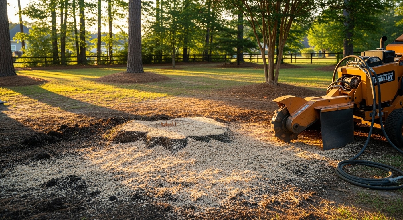 A freshly ground tree stump in a residential Clayton, NC backyard, with wood chips spread across the cleared area and surrounding lawn visible. The ground surface is level and ready for new grass or landscaping.