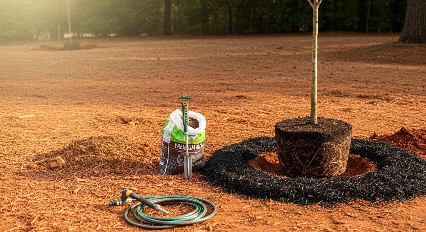 A freshly planted red maple tree in a Clayton, NC residential backyard, with a clean mulch ring around the base and a well-prepared planting bed. A Tommy Hicks Tree Service crew member checks the root flare depth after installation.