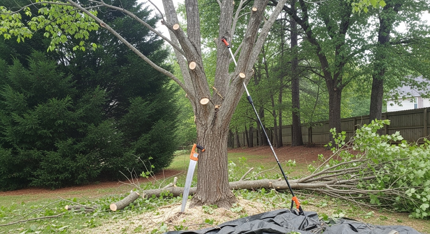 A Tommy Hicks Tree Service crew member pruning a mature red maple tree in a residential yard in Clayton, NC. Cleanly cut branches and a tidy lawn are visible below the shaped canopy.