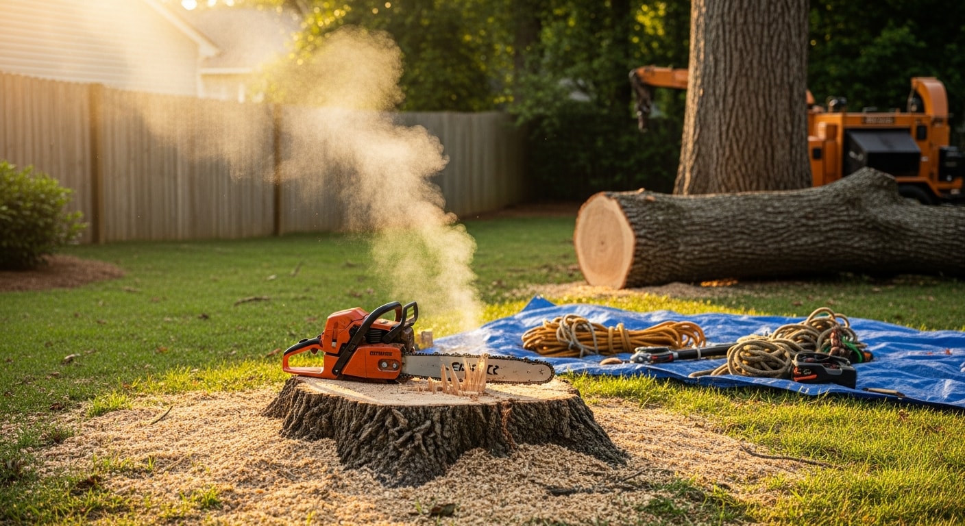 A large oak tree being sectioned and lowered in sections by a tree crew in a residential backyard in Clayton, NC. The surrounding lawn and fence line are undamaged, and cut wood sections are stacked near the curb for removal.