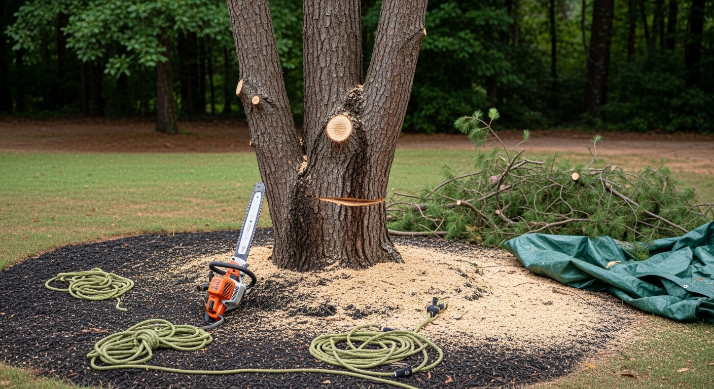 A tree service crew member trimming overgrown branches from a mature red maple in a residential backyard in Clayton, NC. Trimmed limbs are visible on the ground below the tree near a single-family home.